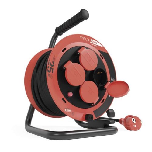Kültéri kábeldob 25 m / 4 aljzat / fekete / gumi / 230V/400V / 1,0 mm2