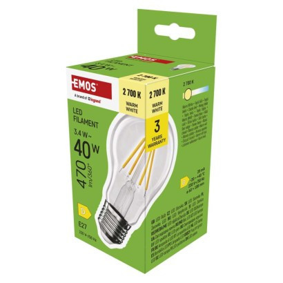 LED izzó Filament A60 / E27 / 3,4 W (40 W) / 470 lm / Meleg fehér