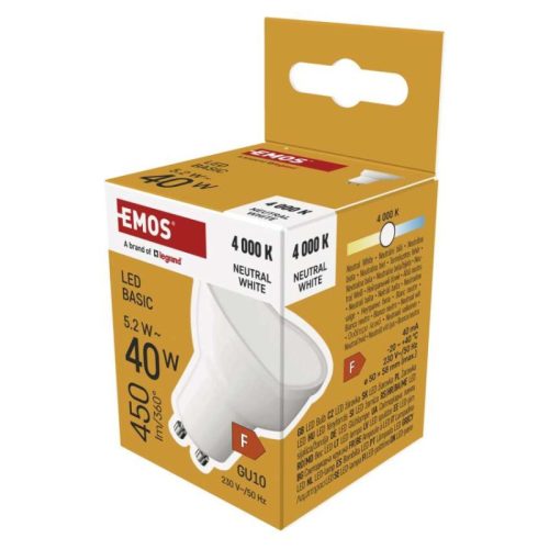 LED izzó Basic MR16 / GU10 / 5,2 W (40 W) / 450 lm / Természetes fehér