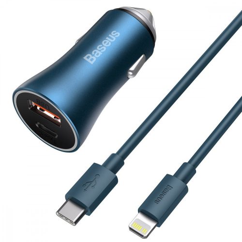 Baseus Golden Contactor Pro autós töltő, USB + USB-C, QC4.0 +, PD, SCP, 40 W (kék) + USB-C - Lightning kábel 1 m (kék)