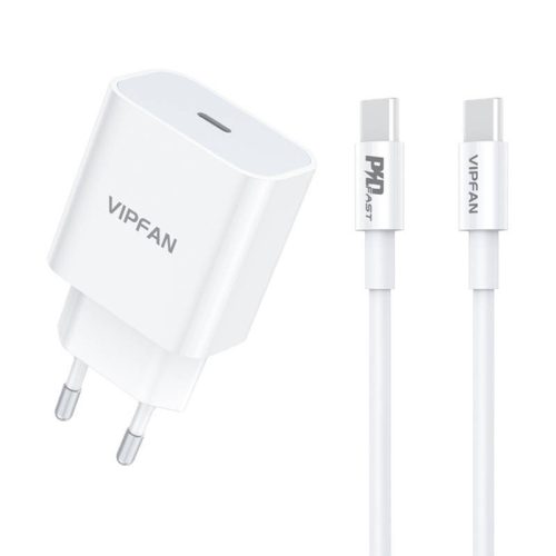 VFAN E04 fali töltő, USB-C, 20W, QC 3.0 + USB-C kábel (fehér)