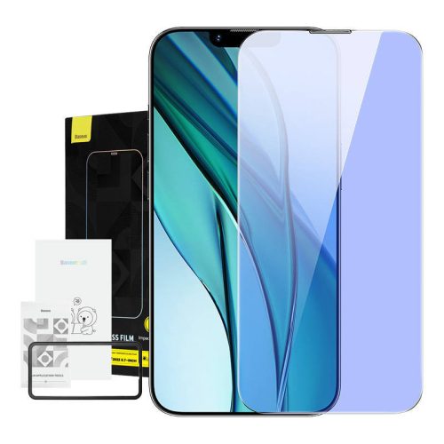 Baseus Kékfény szűrős üvegfólia iPhone 14 Plus/13 Pro Max-hoz, 0,4 mm