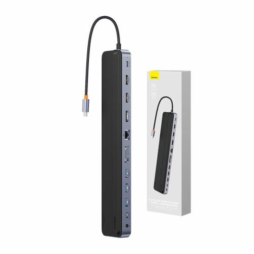 Baseus EliteJoy Gen2 12 az 1-ben HUB, USB-C + 2xHDMI + 3xUSB 3.0 + PD + DP + SD/TF + RJ45 + USB-C, 3.5mm (sötétszürke)
