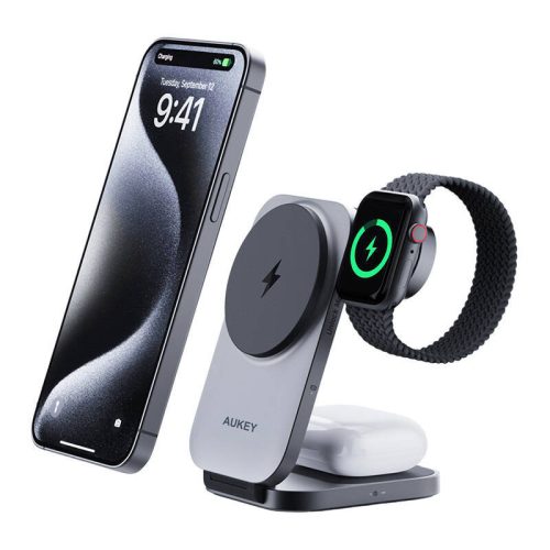 Magnetic Wireless Charger 3 in 1 MagFusion Aukey LC-MC312, 15W Qi2 (gray)