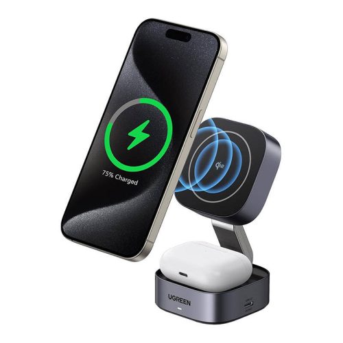 Qi 2-in-1 inductive charger Ugreen W702 for Iphone, AirPods, 15W (gray)