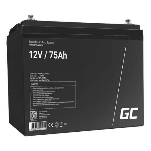 Maintenance-free AGM VRLA Green Cell AGM25 12V 75Ah Battery (for RV, photovoltaic, solar panels, boat)