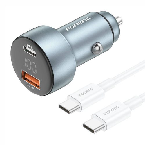 Foneng C18 1xUSB-A, 1xUSB-C 2.4A 48W car charger (grey) + USB-C to USB-C cable