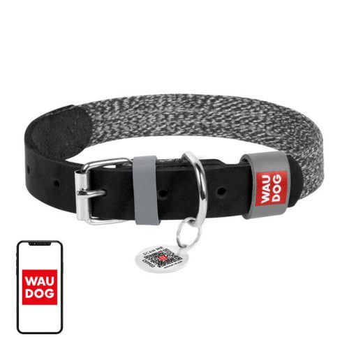 Dog collar made of natural leather and recycled material with QR code Waudog size L, width 25 mm, black